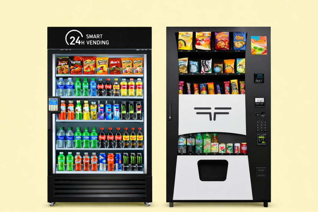 Traditional versus smart machine vending. Both offer options for payment and are versatile in product selection. Rutherford County TN